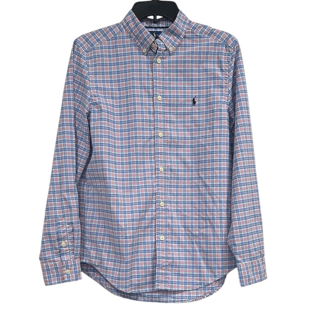 Ralph Lauren Long Sleeve Button Down Plaid Shirt Boys XL Blue Pink